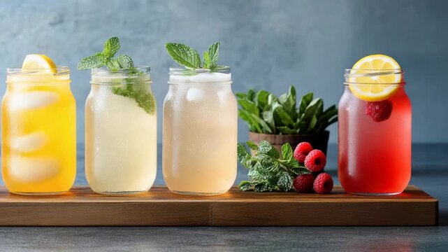 Mason jar lemonade with mint, lemon, raspberry and ice. citrus berry sparkling summer refreshment