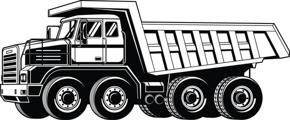 Silhouette illustration of heavy dump truck, industrial construction vehicle for mining and transport, detailed black and white vector design for commercial industry use © Samol