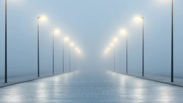 Foggy illuminated promenade night with symmetrical streetlamp reflections creating moody solitude