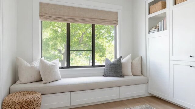 Cozy window seat with cushions and storage bench in bright modern nook overlooking green trees