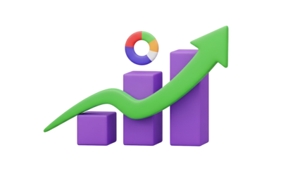 Business growth concept with 3d rendering of bar chart and upward green arrow on black background