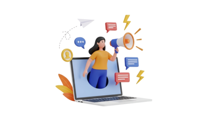 A female character emerging from a laptop screen to broadcast information and digital marketing