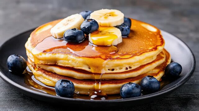 Fluffy pancake stack with banana and blueberry topping drizzled with syrup, warm appetizing