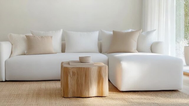 Bright modern living room with white sofa neutral pillows wooden block coffee table cushion wooden