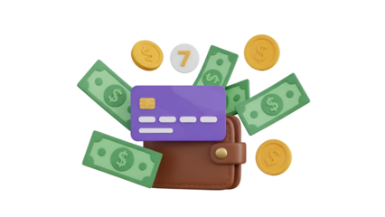 A dynamic 3d render illustrating a wallet, credit card, cash, and coins for financial transactions