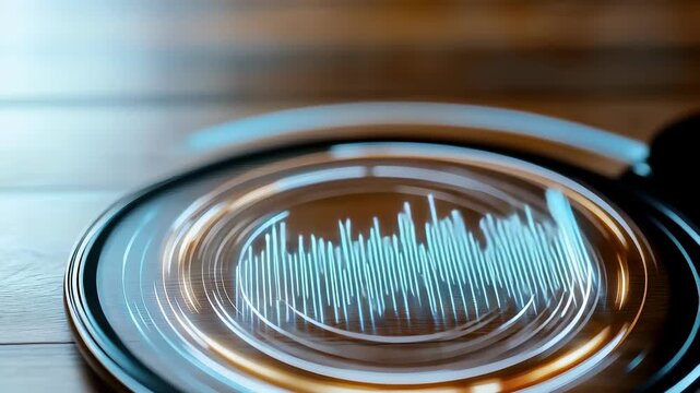 Futuristic audio waveform display glass circular technology with glowing blue and warm rings wooden