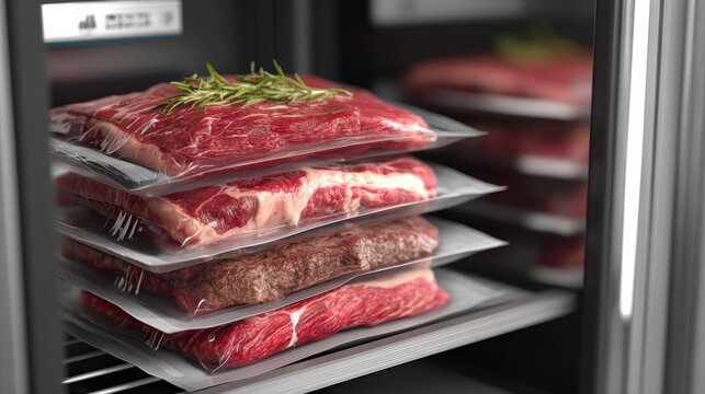 Medium shot inside small scale cold storage showing stacked packaged meat products with precise temperature control for freshness