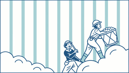 Two construction workers carrying a large drum of materials illustration of teamwork and labor on a striped background with clouds
