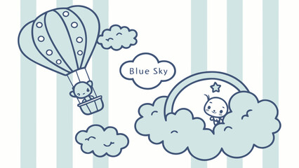 Cute cartoon teddy bear in a hot air balloon and rainbow whimsical illustration for childrens books and nursery decor set against a pastel striped background