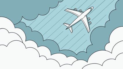 Airplane flying through clouds a simple line art illustration for travel and aviation concepts isolated on a sky background