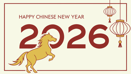 Happy Chinese New Year 2026 Year of the Horse illustration with traditional lanterns festive greeting card design