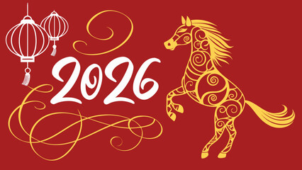 Chinese New Year 2026 Year of the Horse zodiac symbol with ornate golden horse illustration and traditional lanterns festive red background