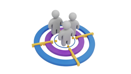 Three human figures standing on a target representing user segmentation and strategy