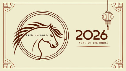 Elegant Year of the Horse 2026 emblem with horse head illustration Chinese New Year celebration graphic and traditional lantern decoration