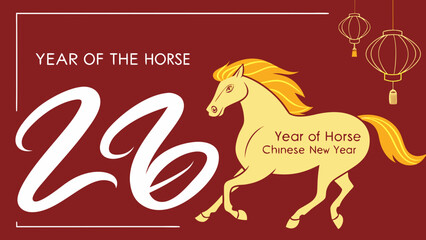 Year of the Horse Chinese New Year graphic golden horse illustration with traditional lanterns and bold typography for festive celebration design