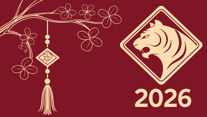 Year of the Tiger 2026 Chinese New Year greeting card design featuring a roaring tiger emblem and traditional floral ornament on a red background