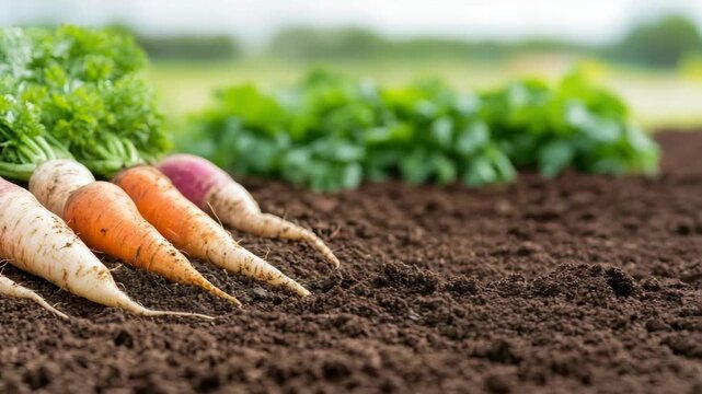 Freshly harvested root vegetable bounty laid rich soil with leafy green tops, harvest ready root