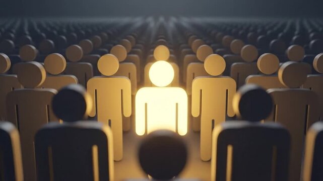Brightly illuminated figure stands out in a vast, dim crowd of anonymous people, symbolizing individuality, uniqueness, leadership, talent, and sel...