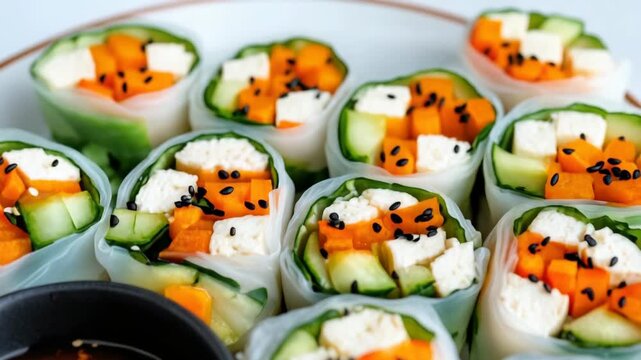 Fresh vegetable spring roll rice paper with tofu cucumber carrot and sesame dipping sauce