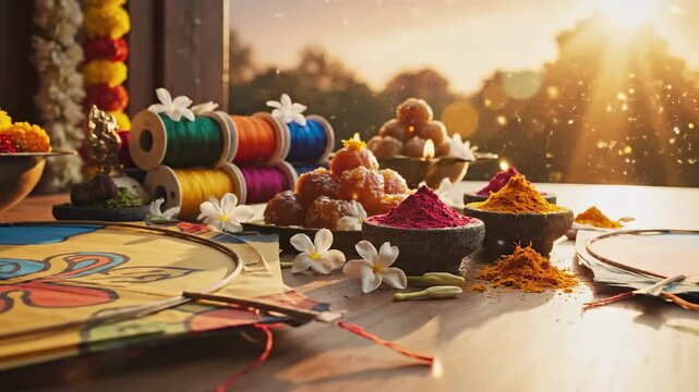 Indian Festival Celebration Setup Laddoos Threads Kites Golden Hour