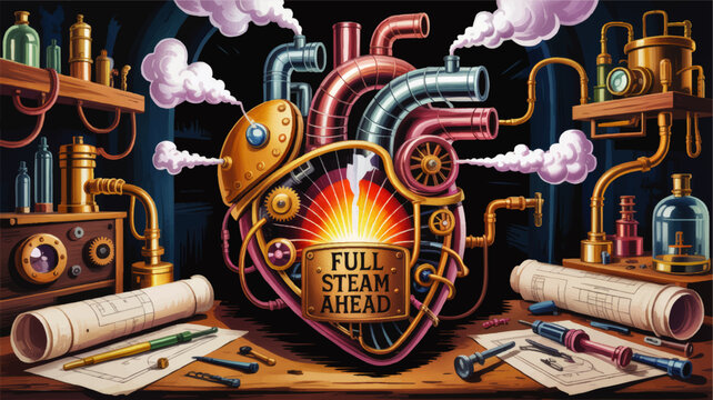Steampunk heart engine with pipes and gears, motivational full steam ahead text, retro fantasy invention laboratory illustration
