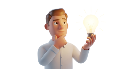 A thoughtful 3d cartoon character holds up a glowing light bulb, symbolizing a new idea or inspiration