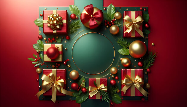 Christmas Glossy Background with Gift Wrap Icons in Red, Gold and Green