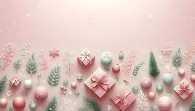 Pastel Pink Christmas Background with Gifts, Balls, and Leaf Accents