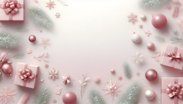 Elegant Soft Pink Christmas Background with Gifts, Balls, and Leaves