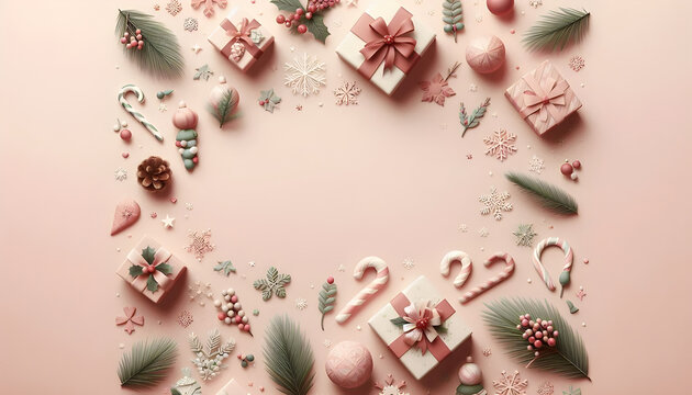 Christmas Minimalist Pastel Pink Background with Gifts
