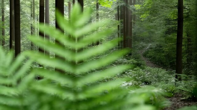Lush green fern frond and leaves amid misty forest trees creating serene foliage and calming