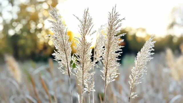 Golden reed grass stem seedhead backlight sunset with warm bokeh glow in serene field