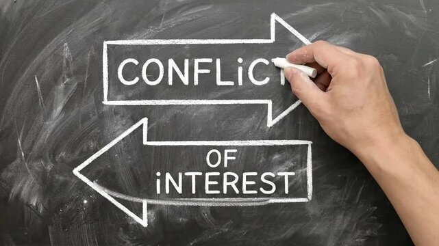 Hand Writing 'Conflict of Interest' with Opposing Arrows on Chalkboard, Illustrating Ethical Dilemmas and Competing Business Interests