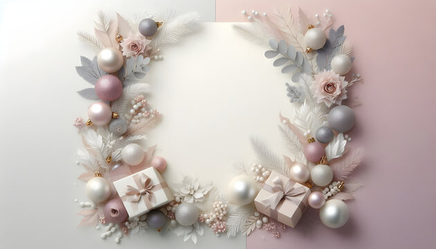 Christmas Elegant Pastel Purple and White Background with Decorative Leaves and Baubles