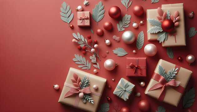 Christmas Minimal Kraft Paper Background with Festive Decorative Elements
