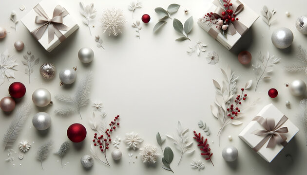 Premium Christmas White Background with Decorative Baubles, Gifts and Leaves