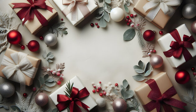 Christmas White Holiday Background with Cozy Decorations and Gifts