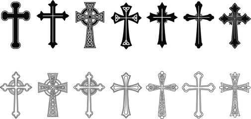 Christian cross symbols collection, black and white religious crucifix icons set, decorative church faith elements vector illustration