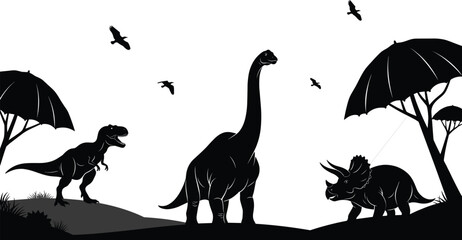 Prehistoric landscape silhouette with dinosaurs including t-rex brachiosaurus and triceratops, vector illustration black scene with trees and birds for ancient nature design. © Samol