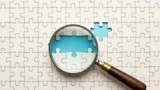 Magnifying Glass over Incomplete White Jigsaw Puzzle with Blue Gaps, Symbolizing Problem Solving, Search for Solutions, Strategy, and Business Chal...