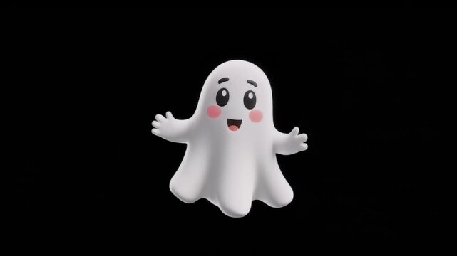 A cheerful cartoon ghost with bright eyes and rosy cheeks stands with arms outstretched on a plain black backdrop exuding a playful Halloween spirit