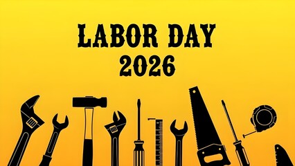 Labor Day 2026 Banner with Black Silhouette Hand Tools on Yellow Gradient Background