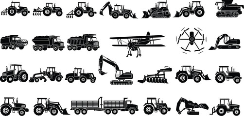 Construction and farming vehicle illustration set featuring tractors, excavators, dump trucks, machinery and equipment for industrial, agriculture and heavy-duty design projects © Hasem Creative