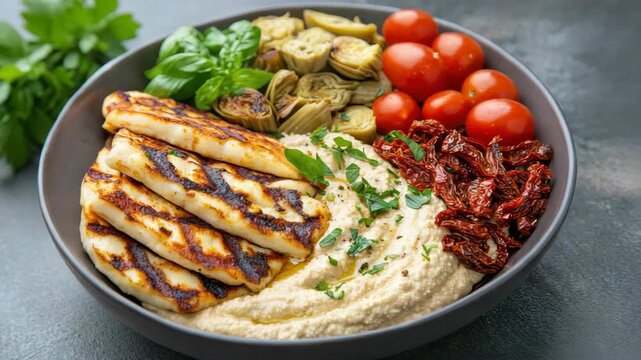Grilled halloumi hummus bowl with cherry tomato artichoke sundried tomato basil platter