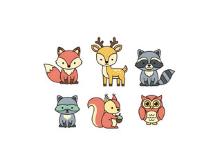 Cute Cartoon Woodland Animal Icons Set Vector Graphic Illustration