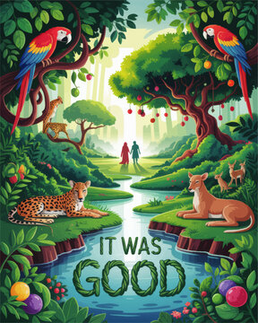 Colorful Garden of Eden illustration with animals, river, tropical forest, Adam and Eve silhouettes, inspirational &ldquo;It Was Good&rdquo; text