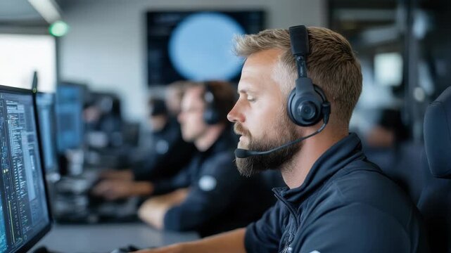Man headset operator at computer monitor in busy control room focused and attentive