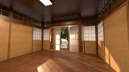 Traditional Japanese House Interior with Tatami Mats and Shoji Doors