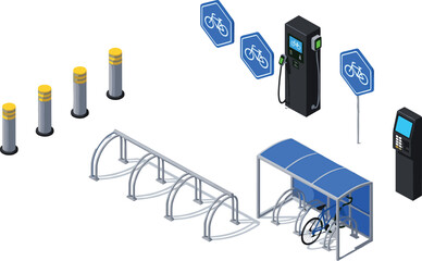 Isometric bicycle parking station with bike racks, covered shelter, charging point, safety bollards, and signage for modern urban transportation infrastructure illustrations