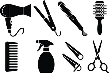 Professional hairdressing tools vector illustration, featuring hair dryer, straightener, trimmer, combs, spray bottle, clips and scissors in clean modern salon equipment silhouette style